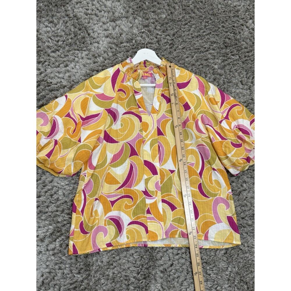 THML Women’s Yellow Pink Abstract Swirl Puff Sleeve V-Neck Blouse Top Size M - Picture 10 of 13